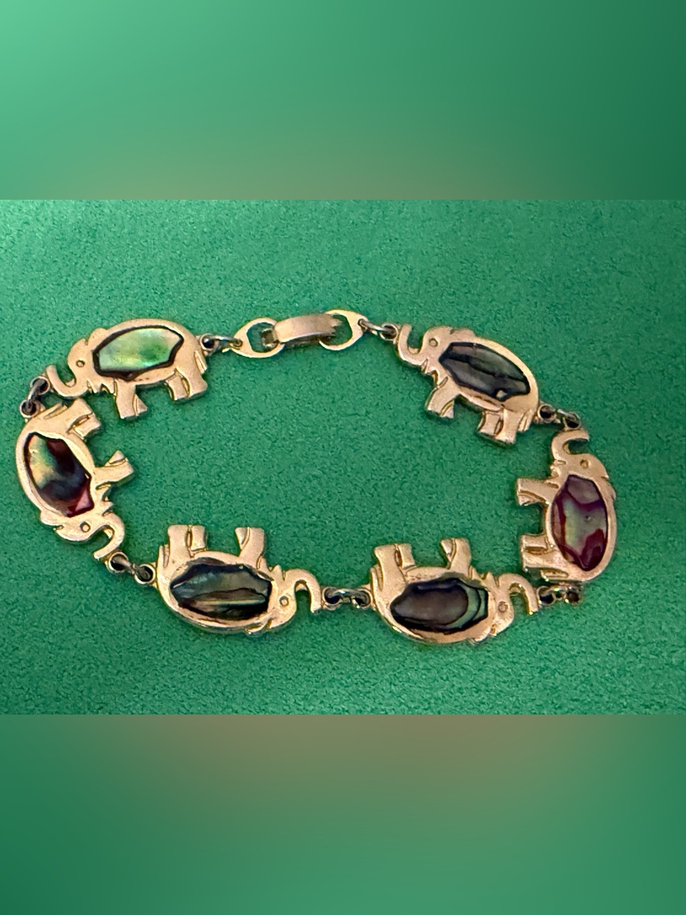 Vintage Korea Gold-Tone Elephant Link Bracelet with Multicolor Inlay Abalone